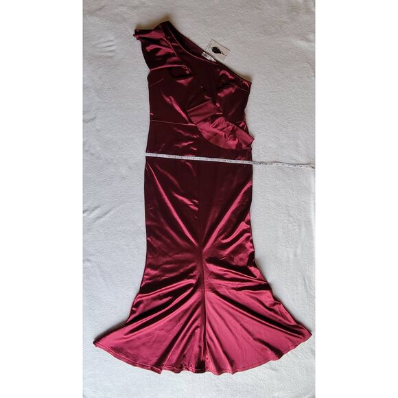 One-Shoulder Ruffle Trim Formal Long Sheath Evening Dress Wine Size XL - Picture 4 of 10
